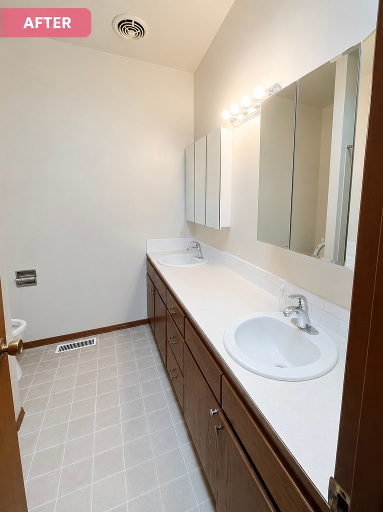 Clean bathroom with dual sinks after professional cleaning